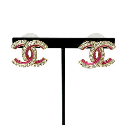 Chanel Earrings Gold Pink Coco Mark Rhinestone