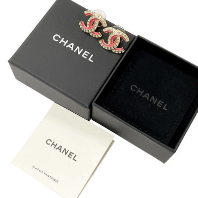 Chanel Earrings Gold Pink Coco Mark Rhinestone