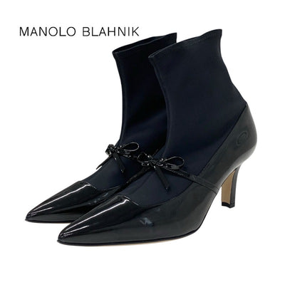 MANOLO BLAHNIK Boots, Short Boots, Shoes, Fabric, Patent, Black, Ribbon