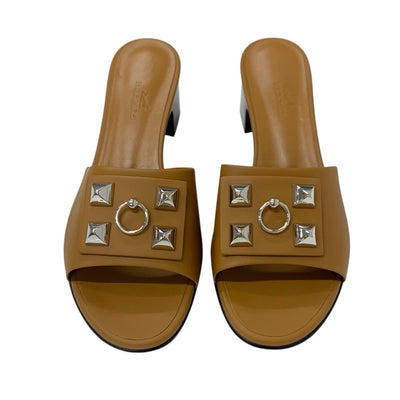 エルメス HERMES ドリーミー サンダル 靴 シューズ レザー ブラウン シルバー 未使用 コリエドシアン ミュール スタッズ