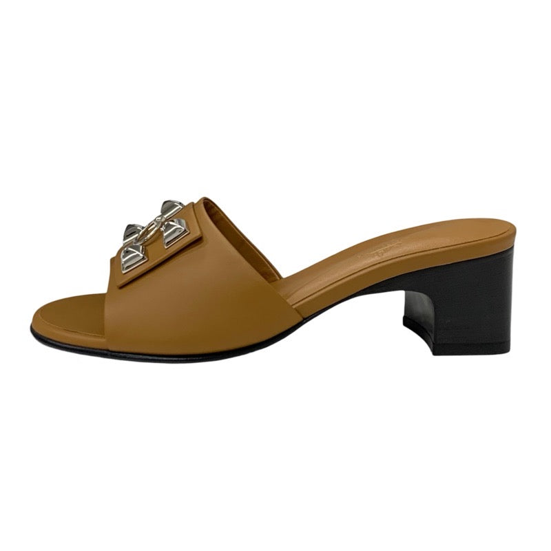 エルメス HERMES ドリーミー サンダル 靴 シューズ レザー ブラウン シルバー 未使用 コリエドシアン ミュール スタッズ