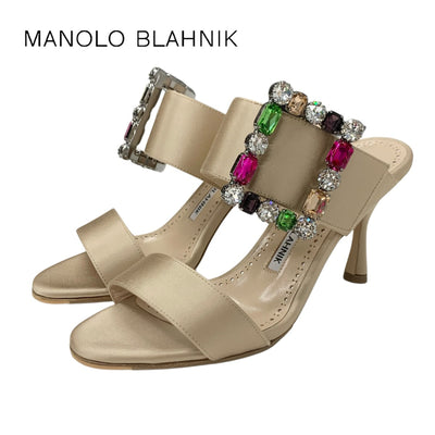 マノロブラニク MANOLO BLAHNIK サンダル 靴 シューズ サテン ベージュ マルチカラー ビジュー ミュール