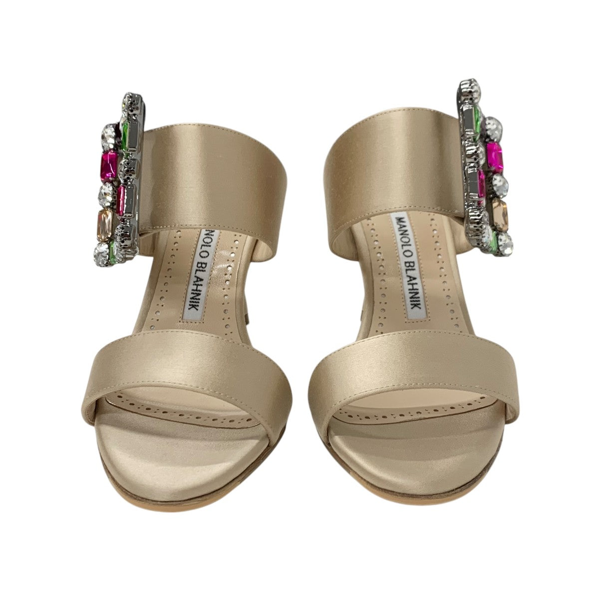 マノロブラニク MANOLO BLAHNIK サンダル 靴 シューズ サテン ベージュ マルチカラー ビジュー ミュール