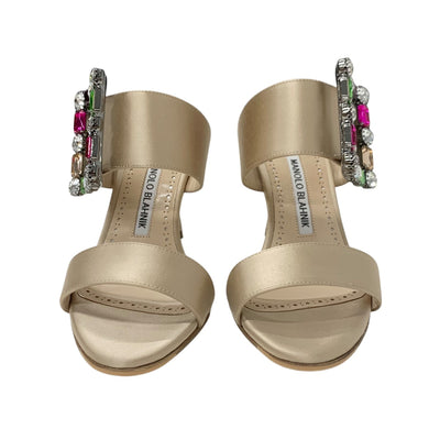 マノロブラニク MANOLO BLAHNIK サンダル 靴 シューズ サテン ベージュ マルチカラー ビジュー ミュール