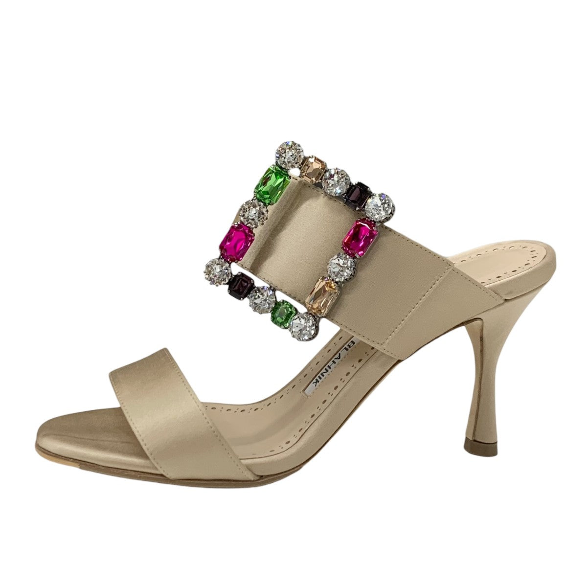 マノロブラニク MANOLO BLAHNIK サンダル 靴 シューズ サテン ベージュ マルチカラー ビジュー ミュール