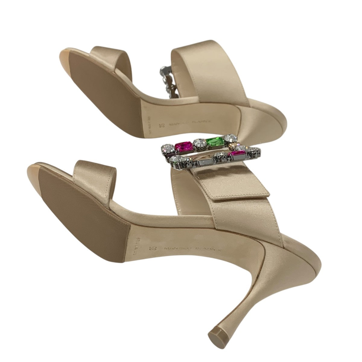 マノロブラニク MANOLO BLAHNIK サンダル 靴 シューズ サテン ベージュ マルチカラー ビジュー ミュール