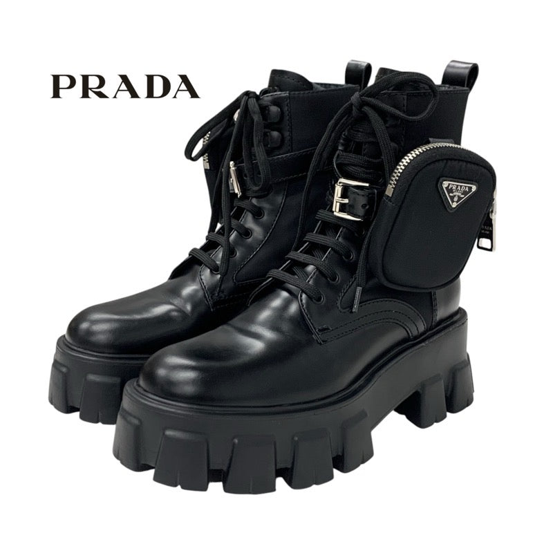 PRADA Monolith Boots Short Boots Shoes Leather Nylon Black Silver Pouch Triangle Logo Lace-up Platform