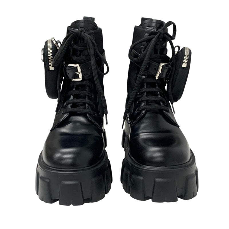 PRADA Monolith Boots Short Boots Shoes Leather Nylon Black Silver Pouch Triangle Logo Lace-up Platform