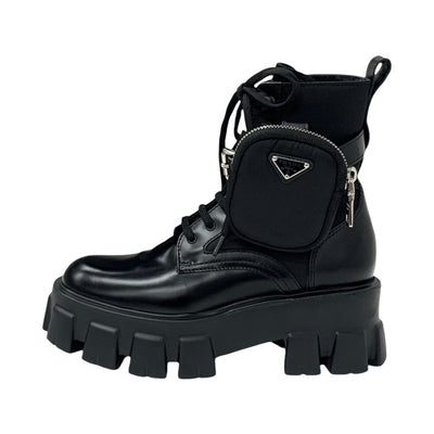 PRADA Monolith Boots Short Boots Shoes Leather Nylon Black Silver Pouch Triangle Logo Lace-up Platform