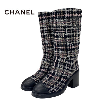 Chanel CHANEL boots, long boots, shoes, tweed, leather, black, multicolor, black, coco mark