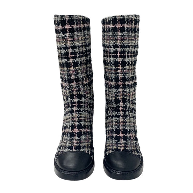 Chanel CHANEL boots, long boots, shoes, tweed, leather, black, multicolor, black, coco mark