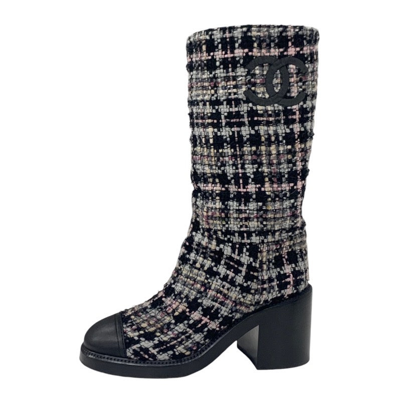 Chanel CHANEL boots, long boots, shoes, tweed, leather, black, multicolor, black, coco mark