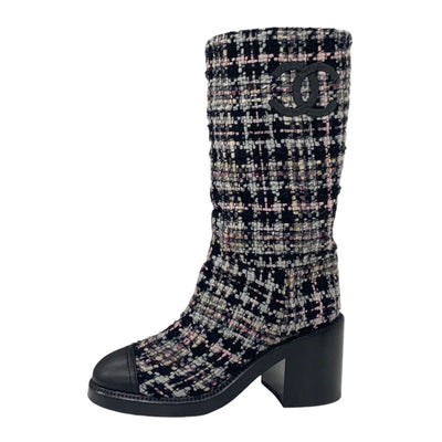 Chanel CHANEL boots, long boots, shoes, tweed, leather, black, multicolor, black, coco mark