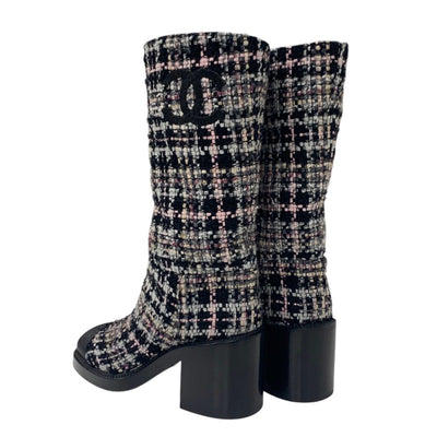 Chanel CHANEL boots, long boots, shoes, tweed, leather, black, multicolor, black, coco mark