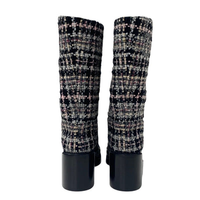 Chanel CHANEL boots, long boots, shoes, tweed, leather, black, multicolor, black, coco mark