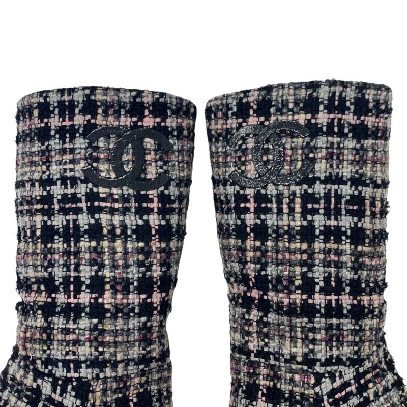 Chanel CHANEL boots, long boots, shoes, tweed, leather, black, multicolor, black, coco mark