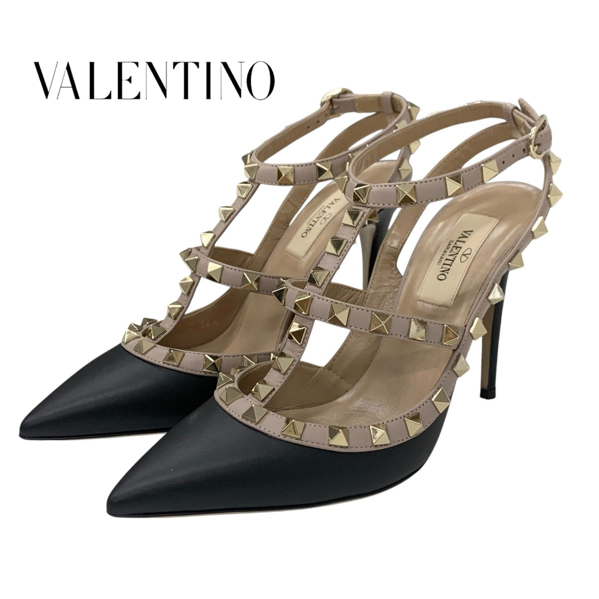 ヴァレンティノ VALENTINO パンプス 靴 シューズ レザー ブラック ピンクベージュ 黒 ゴールド ロックスタッズ ストラップ サンダル