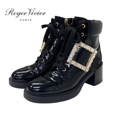 ロジェヴィヴィエ Roger Vivier ブーツ ショートブーツ 靴 シューズ パテント ブラック 黒 ゴールド ストラスバックル ビジュー