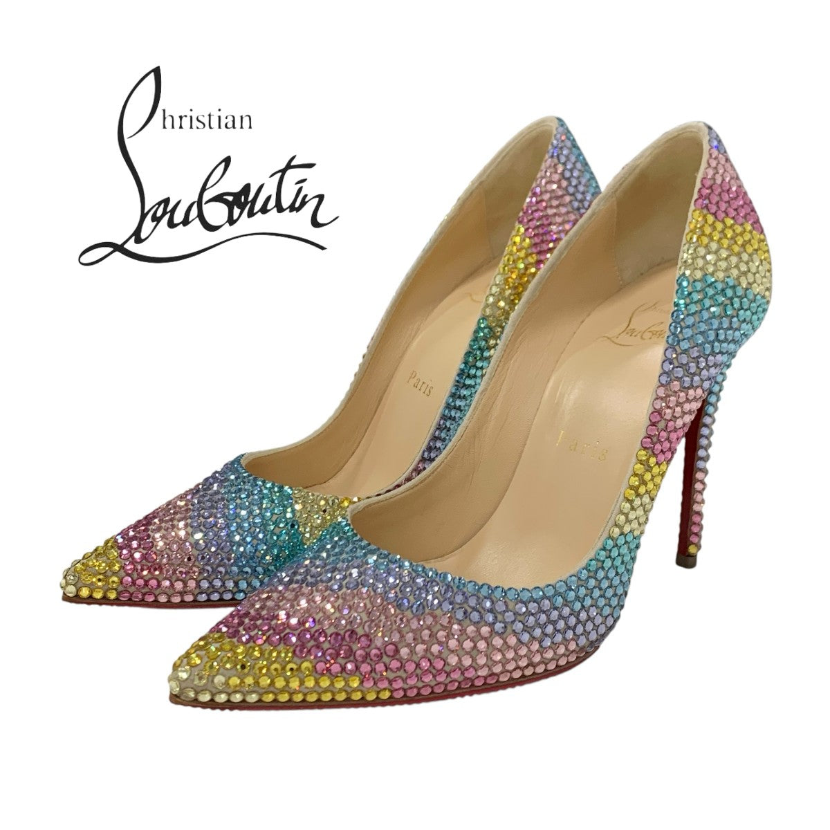 Christian Louboutin pumps shoes suede Swarovski multicolor rhinestone rainbow party shoes