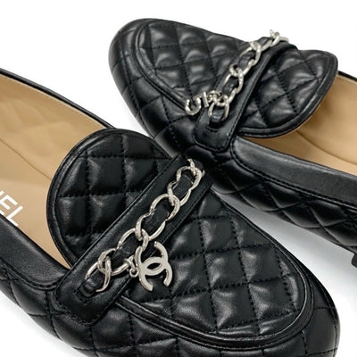 シャネル CHANEL ローファー 革靴 靴 シューズ レザー ブラック 黒 シルバー ココマーク マトラッセ フラットシューズ