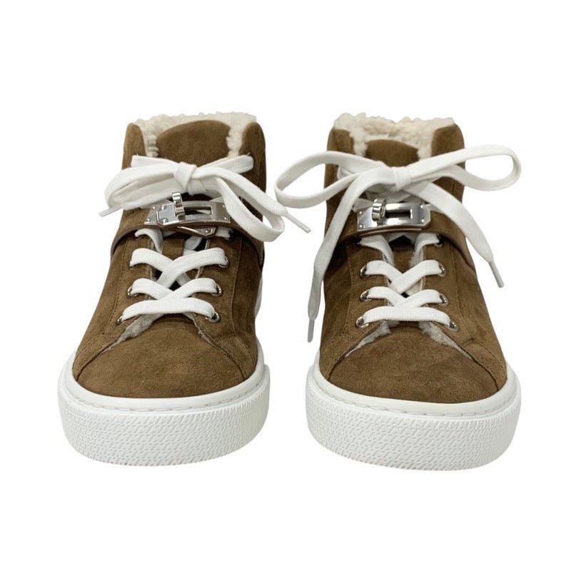 Hermes Daydream sneakers, shoes, suede, sheepskin, brown, silver, high-cut sneakers, Kelly hardware