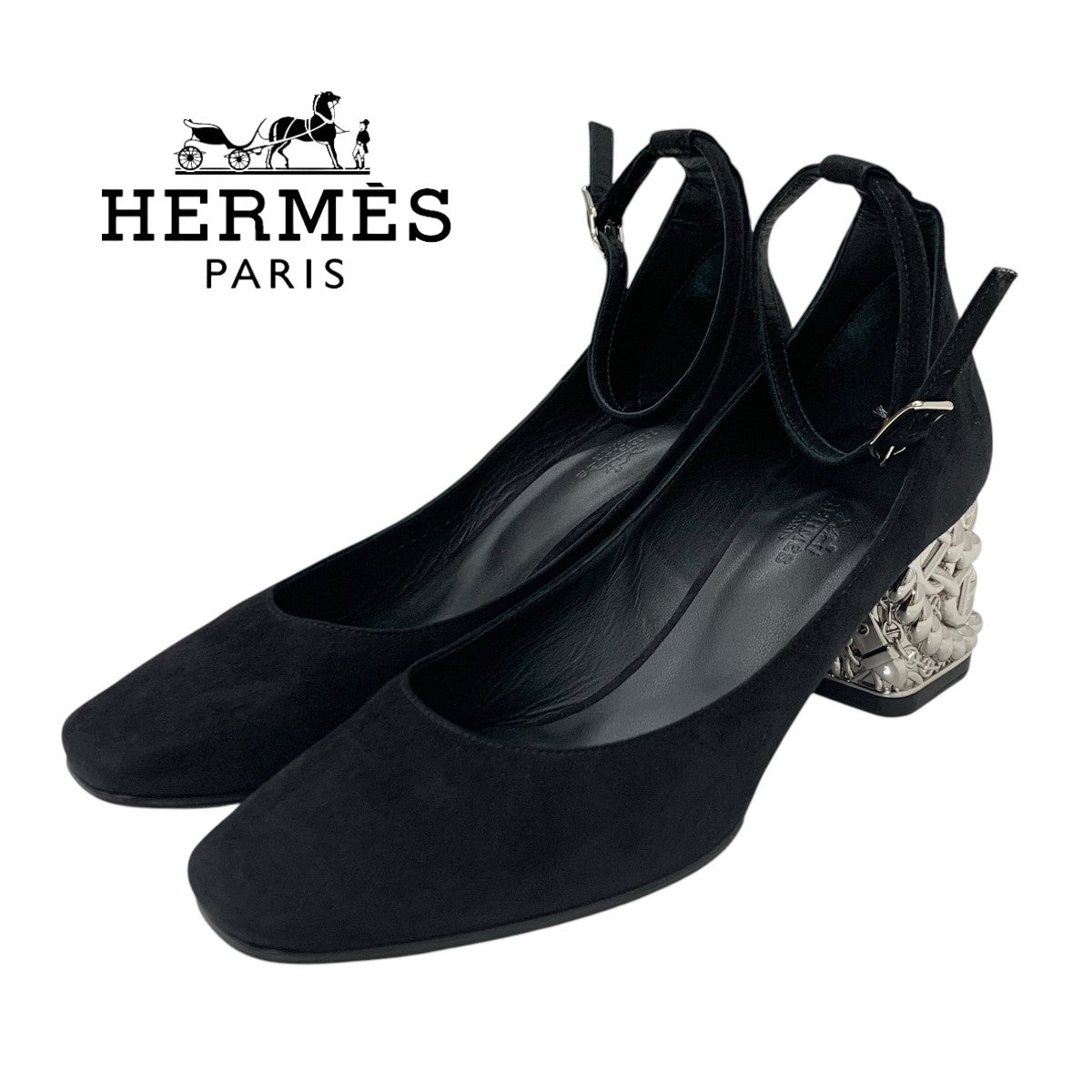 Hermes Girly Pumps Shoes Suede Black Silver Black Chaine Duncle Strap Metal Heel