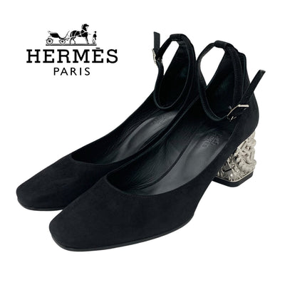 Hermes Girly Pumps Shoes Suede Black Silver Black Chaine Duncle Strap Metal Heel