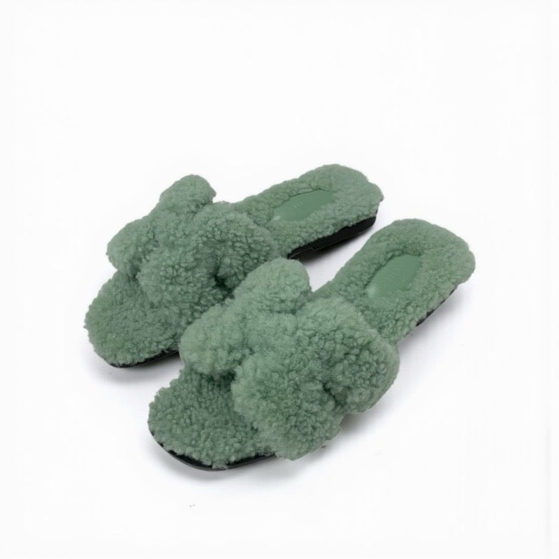 エルメス HERMES オラン サンダル 靴 シューズ ムートン グリーン フラット ミュール ボア