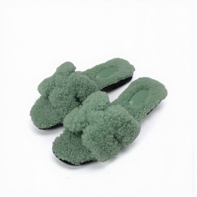 エルメス HERMES オラン サンダル 靴 シューズ ムートン グリーン フラット ミュール ボア