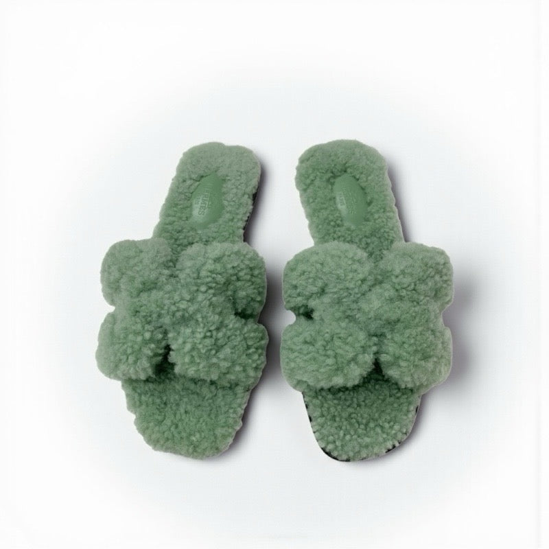 エルメス HERMES オラン サンダル 靴 シューズ ムートン グリーン フラット ミュール ボア