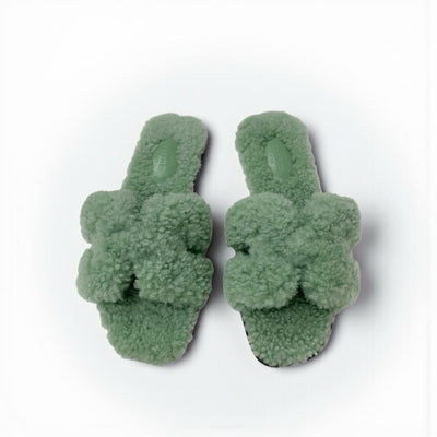 エルメス HERMES オラン サンダル 靴 シューズ ムートン グリーン フラット ミュール ボア