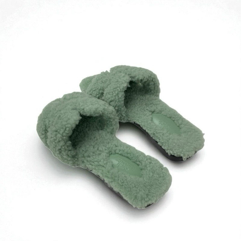 エルメス HERMES オラン サンダル 靴 シューズ ムートン グリーン フラット ミュール ボア