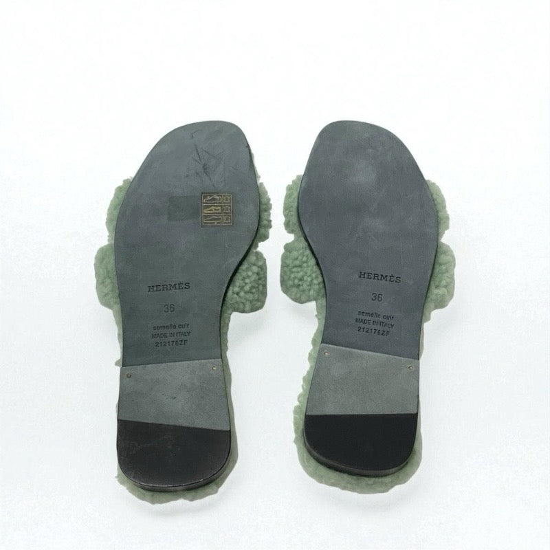 エルメス HERMES オラン サンダル 靴 シューズ ムートン グリーン フラット ミュール ボア