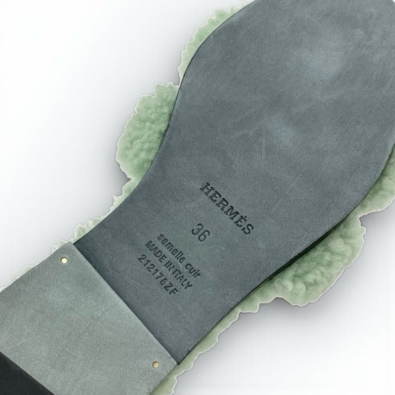 エルメス HERMES オラン サンダル 靴 シューズ ムートン グリーン フラット ミュール ボア