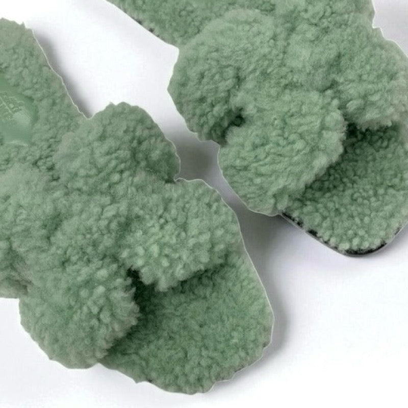 エルメス HERMES オラン サンダル 靴 シューズ ムートン グリーン フラット ミュール ボア