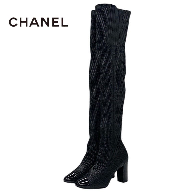 Chanel CHANEL boots, long boots, shoes, leather, black, knee-high boots, Coco Mark