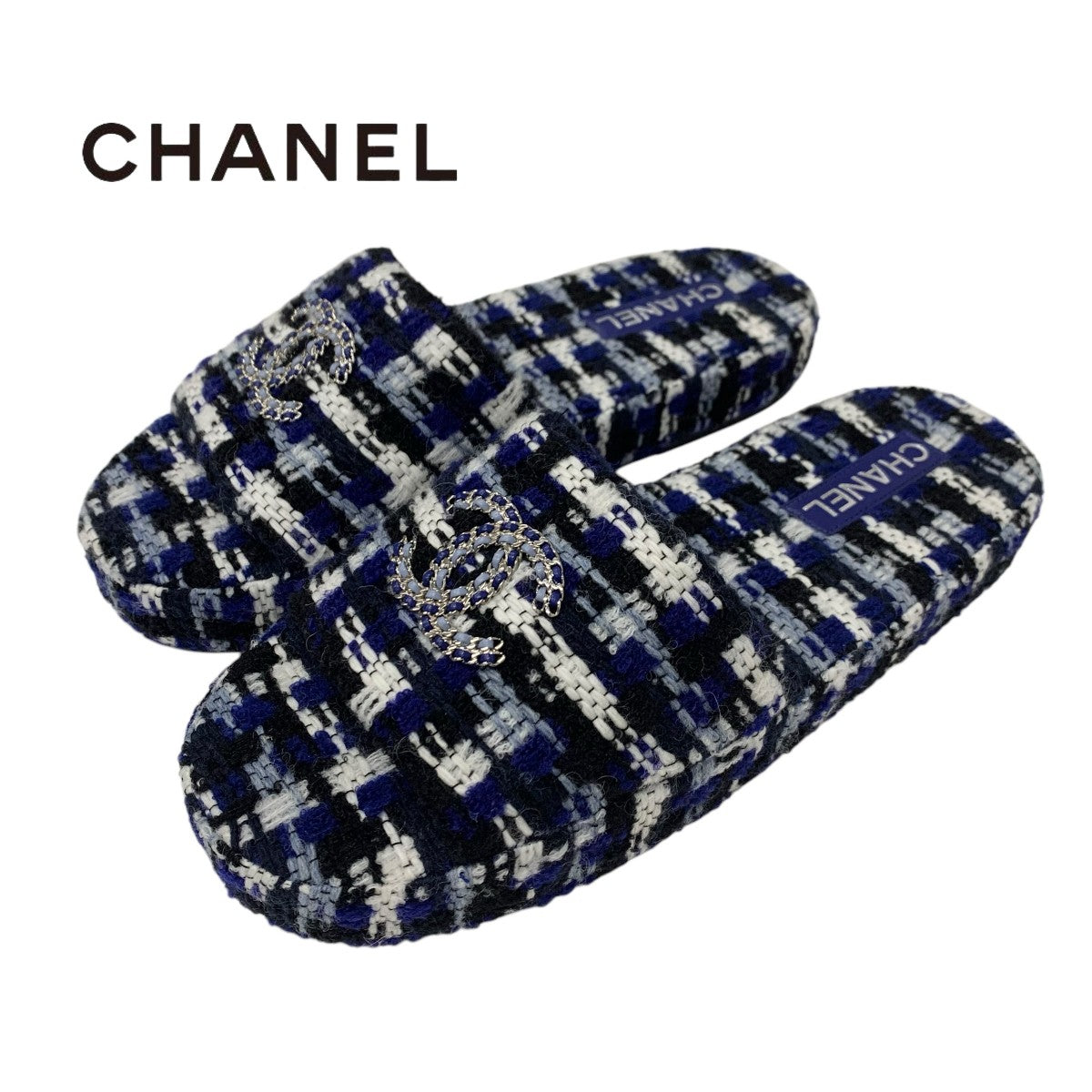 シャネル CHANEL サンダル 靴 シューズ ツイード ブルー系 ホワイト ブラック ココマーク メンズ