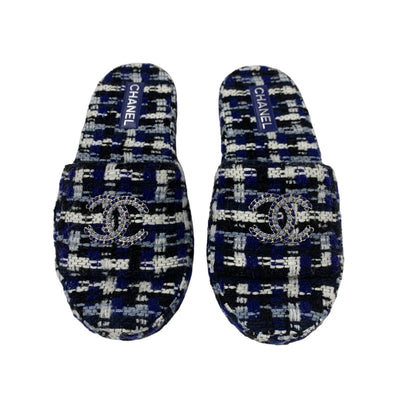 シャネル CHANEL サンダル 靴 シューズ ツイード ブルー系 ホワイト ブラック ココマーク メンズ