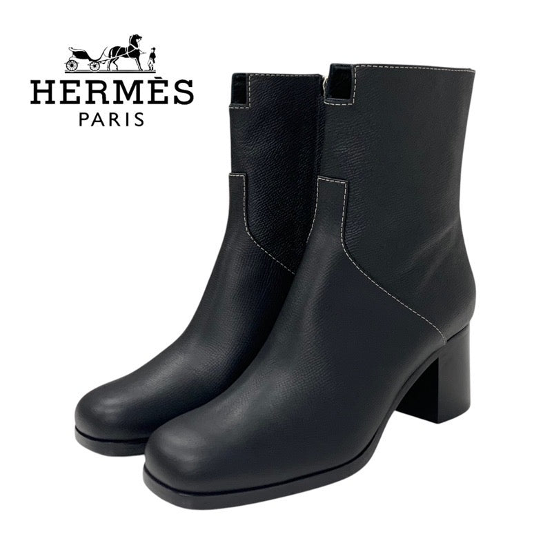 Hermes HERMES Flat Toe's Boots Short Boots Shoes Leather Black Stitching