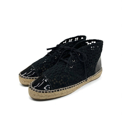 シャネル CHANEL スニーカー 靴 シューズ ファブリック パテント ブラック 黒 ココマーク エスパドリーユ レース