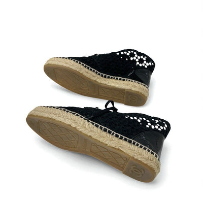 シャネル CHANEL スニーカー 靴 シューズ ファブリック パテント ブラック 黒 ココマーク エスパドリーユ レース