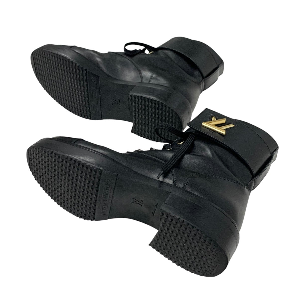 ルイヴィトン LOUIS VUITTON ワンダーランドライン ブーツ ショートブーツ 靴 シューズ レザー ブラック 黒 ゴールド アンクルブーツ レースアップ LV金具 ベルト