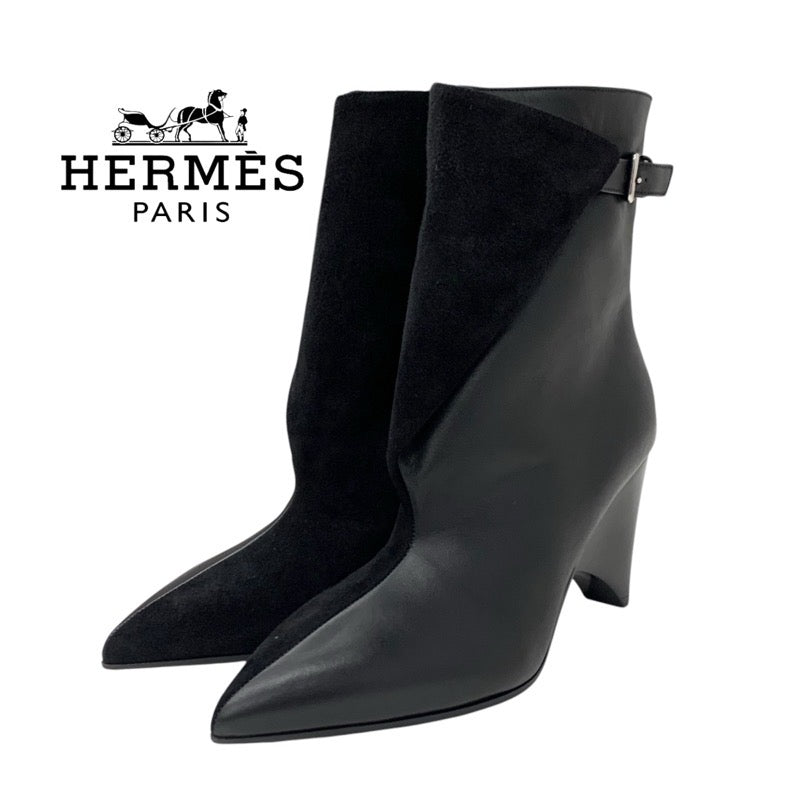 HERMES Hanae boots, short boots, shoes, suede, leather, black