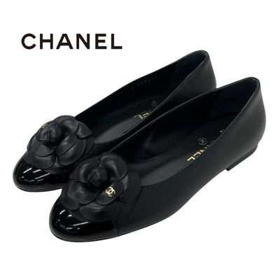 Chanel Flat Shoes, Leather Patent Black Unused Camellia Coco Mark Flat Pumps