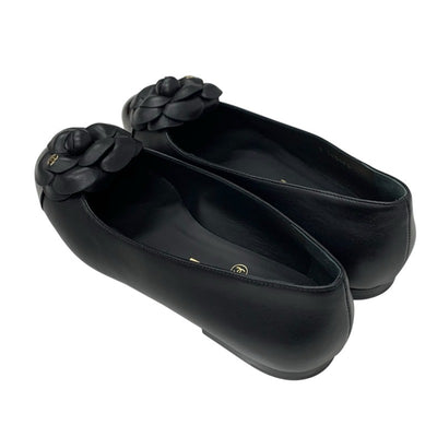 Chanel Flat Shoes, Leather Patent Black Unused Camellia Coco Mark Flat Pumps