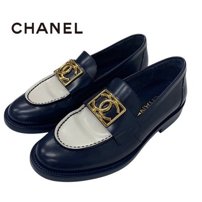 Chanel Loafers Leather Shoes Shoes Leather Navy White Gold Coco Mark