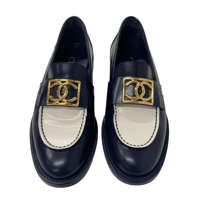 Chanel Loafers Leather Shoes Shoes Leather Navy White Gold Coco Mark