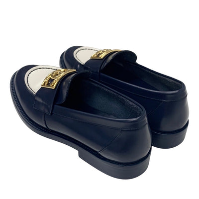 Chanel Loafers Leather Shoes Shoes Leather Navy White Gold Coco Mark