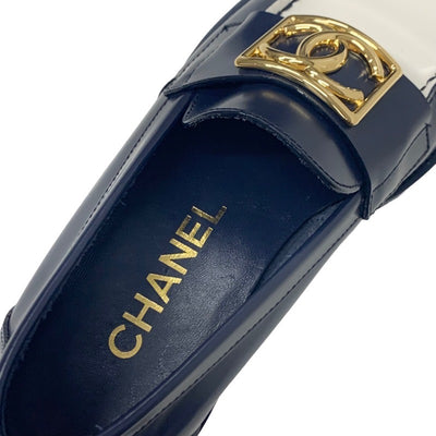 Chanel Loafers Leather Shoes Shoes Leather Navy White Gold Coco Mark