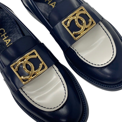 Chanel Loafers Leather Shoes Shoes Leather Navy White Gold Coco Mark